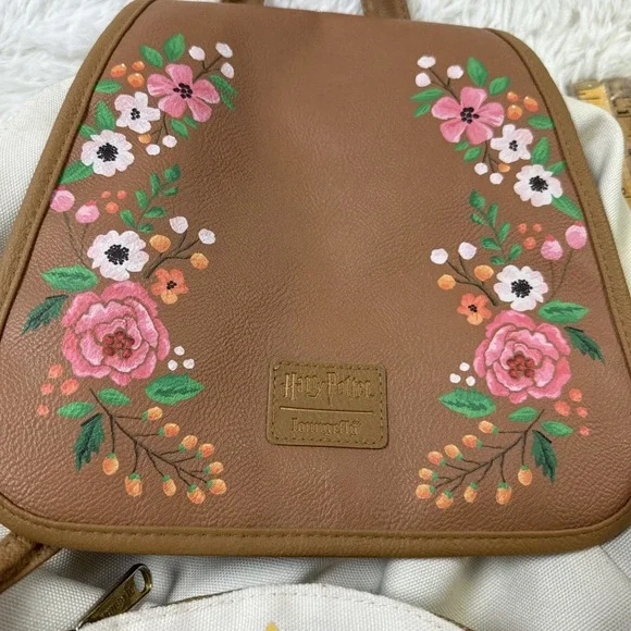 Loungefly Harry Potter Floral Deathly Hallows Slouch Backpack Cream Faux Leather - Picture 6 of 14